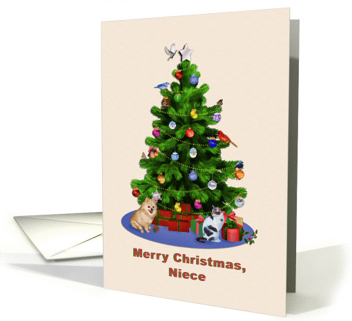 Niece, Merry Christmas Tree, Dog, Cat, Birds card (1289660)