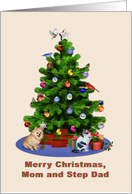 Mom and Step Dad, Merry Christmas Tree, Dog, Cat, Birds card