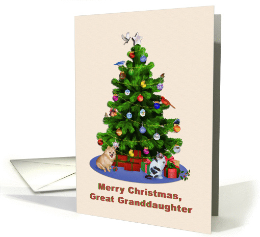 Great Granddaughter, Merry Christmas Tree, Dog, Cat, Birds card