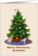 Grandson, Merry Christmas Tree, Dog, Cat, Birds card