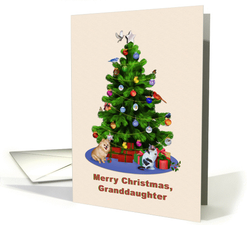 Granddaughter, Merry Christmas Tree, Dog, Cat, Birds card (1289720)