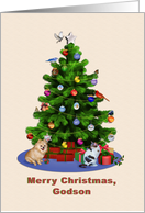 Godson, Merry Christmas Tree, Dog, Cat, Birds card