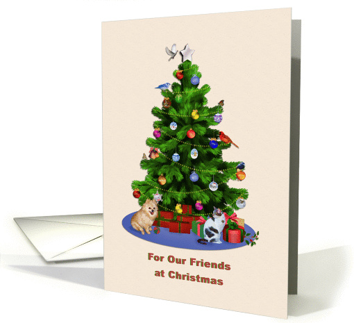 Friends, Merry Christmas Tree, Dog, Cat, Birds card (1289736)