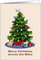 Across the Miles, Merry Christmas Tree, Dog, Cat, Birds card