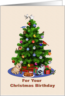 Birthday on Christmas, Merry Christmas Tree, Dog, Cat, Birds card