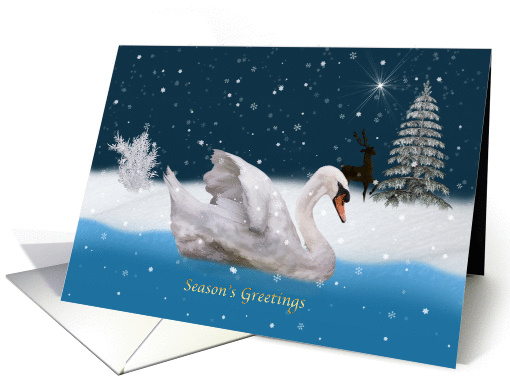 Christmas, Season's Greetings, Snowy Night with A Swan on a Lake card