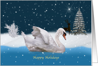 Christmas, Happy Holidays, Snowy Night with A Swan on a Lake card