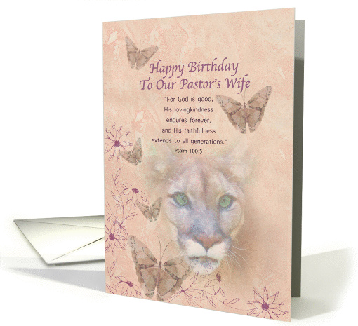 Birthday, Pastor's Wife, Cougar and Butterflies, Religious card