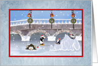 Christmas, Playful Penguins on Frozen Lake card