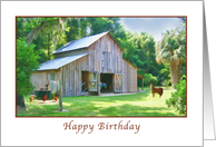Birthday, Old Farm Barn with Horses and Chickens card