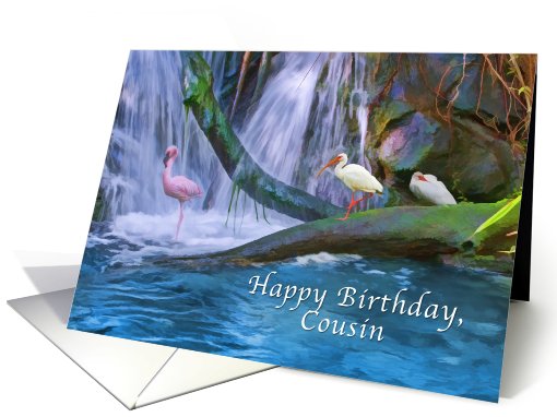 Birthday, Cousin, Tropical Waterfall, Flamingos, Ibises card (795261)