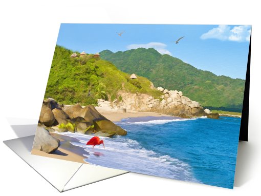 Tropical Beach, Birds, Mountains card (798283)