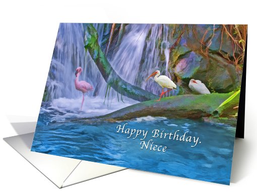 Birthday, Niece, Tropical Waterfall, Flamingos, Ibises card (827091)