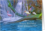 Birthday, Great Grandmother, Tropical Waterfall, Flamingos, Ibises card