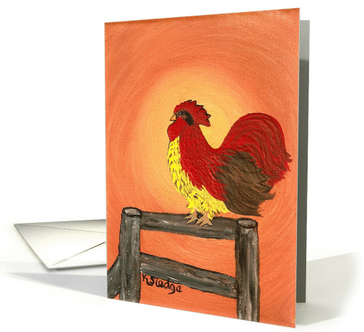 Little Red Rooster Painting In Sunrise, Sitting on a fence card