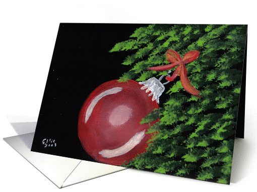 Shiney Red Christmas Ornament, hanging on a Tree! by Ellie card