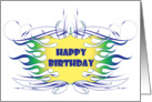 Flames and pin stripes Happy Birthday card