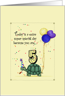 5th Birthday, Cute Turtle with Balloons & Party Hat card