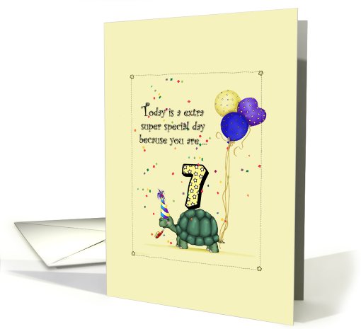 7th Birthday, Cute Turtle with Balloons & Party Hat card (755194)