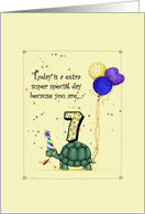 7th Birthday, Cute Turtle with Balloons & Party Hat card