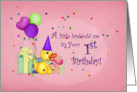 1st Birthday, Duck with Party Hat, Gifts, Confetti and Balloons card