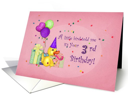 3rd Birthday, Duck with Party Hat, Gifts, Confetti and Balloons card