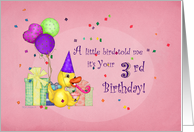 3rd Birthday, Duck with Party Hat, Gifts, Confetti and Balloons card