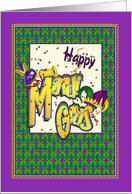 Happy Mardi Gras Green and Purple Masks and Hats card