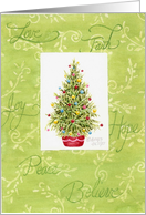 Christian Christmas Tree In Red Pot With Holiday Many Blessings card