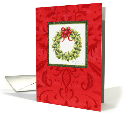 Christmas Beautiful Wreath Red Damask Classic Warm Joyous Season card
