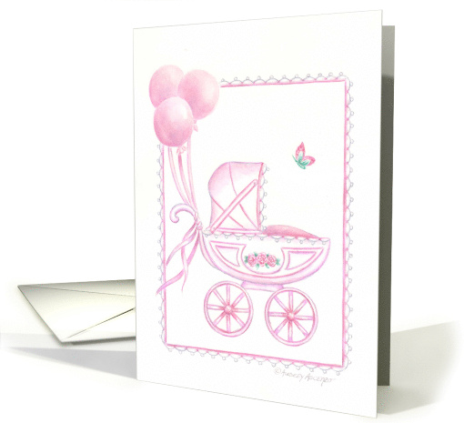 Christian New Baby Girl Congratulations Pink Balloons And Buggy card