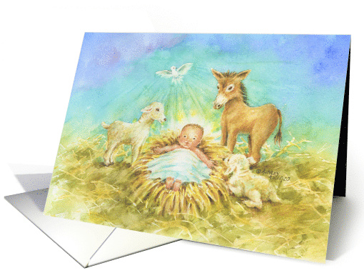 Remembered In Mass Christmas Jesus In Manger Animals Blessings card