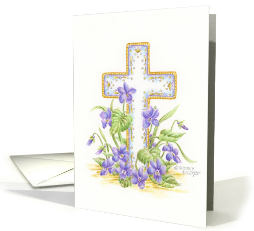 Sympathy Violets Cross Christian Religious God Comfort and Peace card