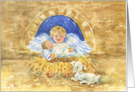 Priest Christmas Manger Jesus and Angel Rejoice Blessings Joy Peace card