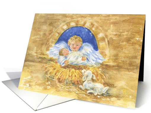 Remembered In Mass Christmas Manger Jesus and Angel Joy Peace card