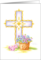 Easter Christian Fleur-de-lis Cross With Pansies And Tulips card