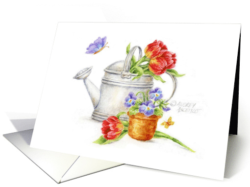Christian Birthday Watering Can Tulips Pansies Special Blessing card