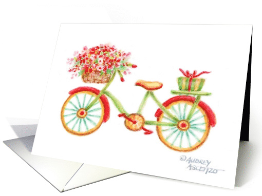 Christmas Gift Enclosed Bicycle Fun Flower Basket Joy and Peace card