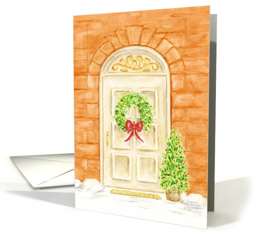 Christmas Holiday Door Decor Wreath and Tree Joy and Happiness card