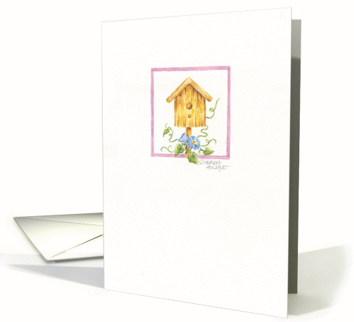 Hello Birdhouse With Blue Morning Glories card (691366)
