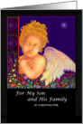 Christmas Card, Son and Family, Angel and Manger, ’The First Noel’ card