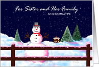 Christmas Card, Sister and Her Family, Snowman, ’A Christmas Welcome’ card