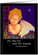 Christmas Card, Son and Family, Angel and Manger, ’The First Noel’ card