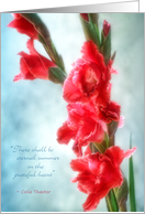 Beautiful Red Gladiolas Blank Note Card with Celia Thaxter Quote card