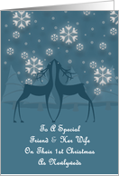 Friend And Her Wife Reindeer Snowflakes 1st Christmas Card