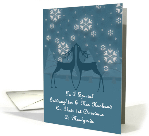 Goddaughter And Her Husband Reindeer Snowflakes 1st Christmas card
