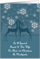 Friend And His Wife Reindeer Snowflakes 1st Christmas Card