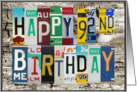 License Plates Happy 92nd Birthday Card