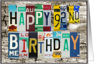 License Plates Happy 92nd Birthday Card