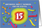 Happy 15th Birthday Celebration with confetti and streamers card